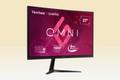 A black ViewSonic monitor with OMNI branding in white on a pink background on the screen.