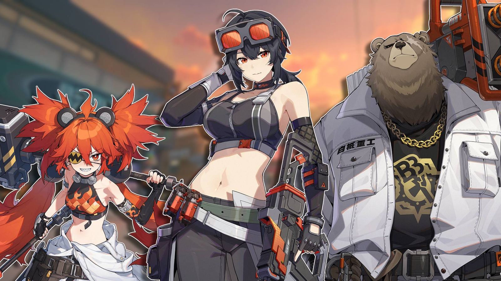 Belobog Industries faction members Koleda, Grace, and Ben posing against a blurred background of Zenless Zone Zero, mostly obscured.