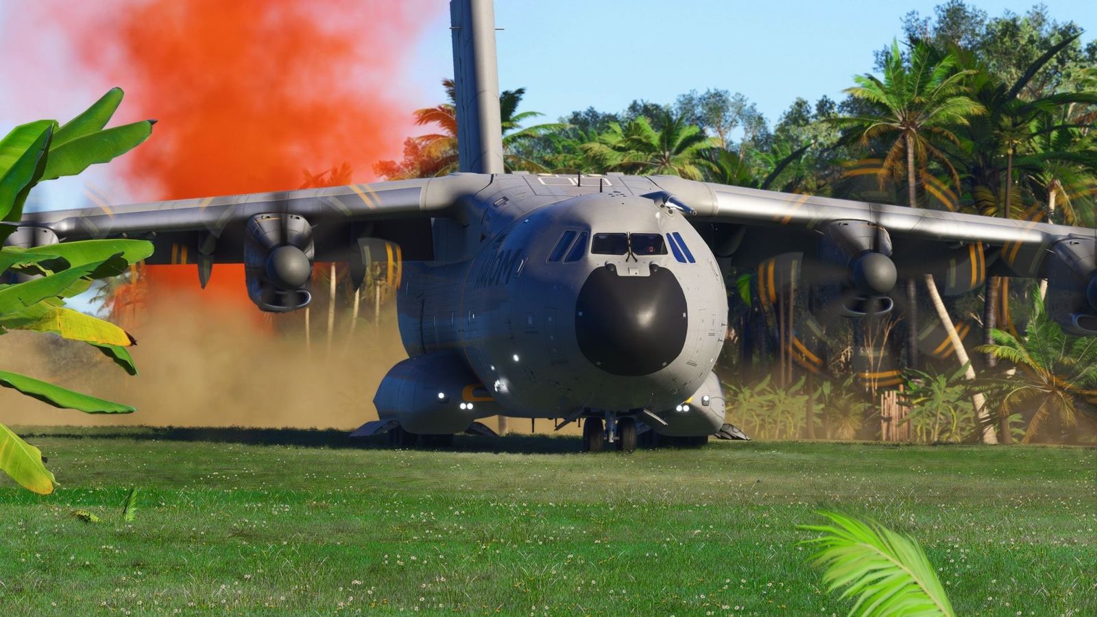 A large military plane is sitting on top of a lush green field in Microsoft Flight Simulator 2024