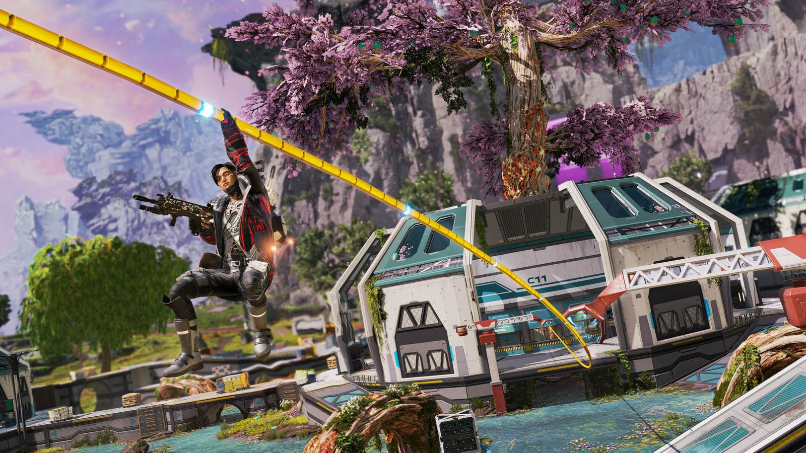 Apex Legends player using zip line on Broken Moon map