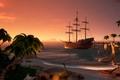 Sea of Thieves pirate ship next to island harbour with sunset in background