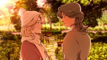 Two women from Trouble Comes Twice stare at one another with a sunset backdrop.