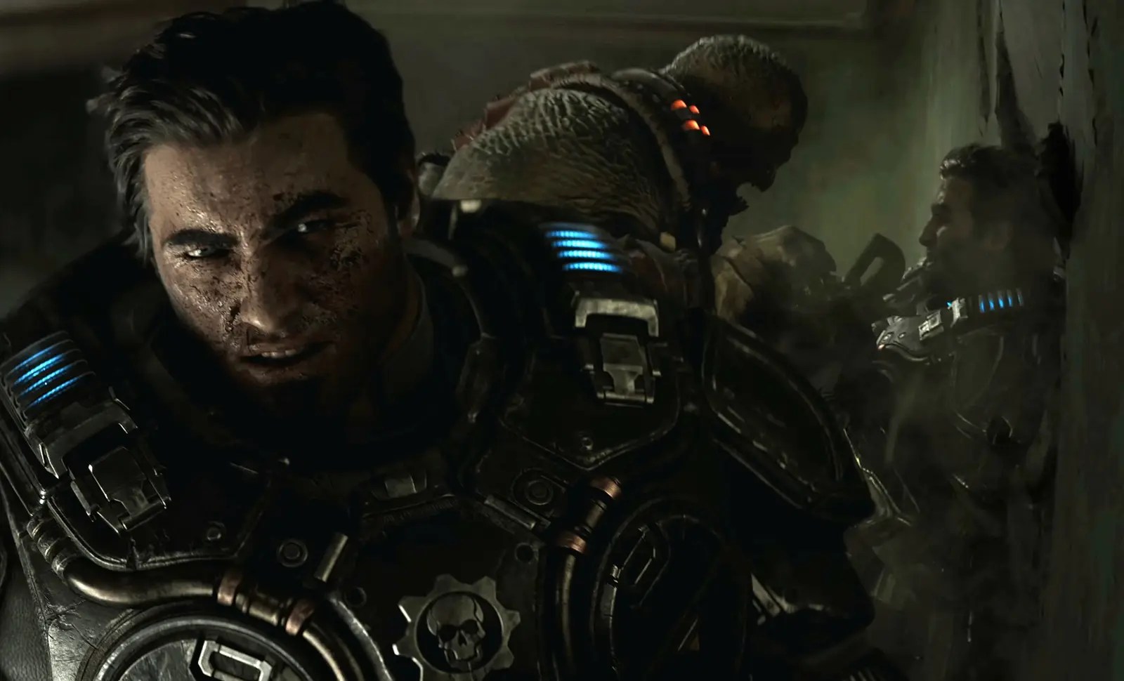 Young Marcus Fenix from Gears of War E-Day in armor getting attacked by a Locust Drone