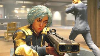 Starfield gameplay screenshot showing a blue-haired woman taking cover and aiming a double-barrel shotgun towards the screen