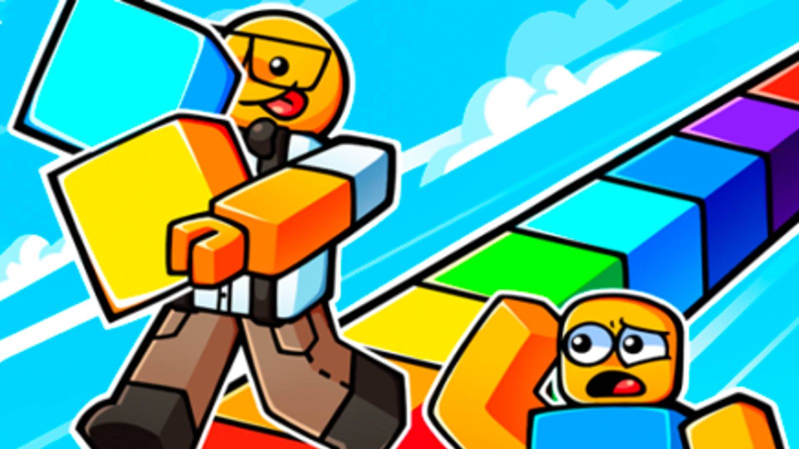 Two Roblox characters building a bridge in Block Race.