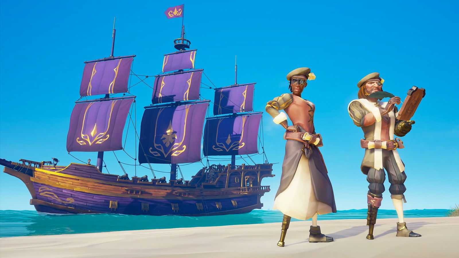 Sea of Thieves players standing on beach with pirate ship in background