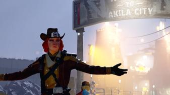 Starfield protagonist standing with their arms out wide next to Akila City 