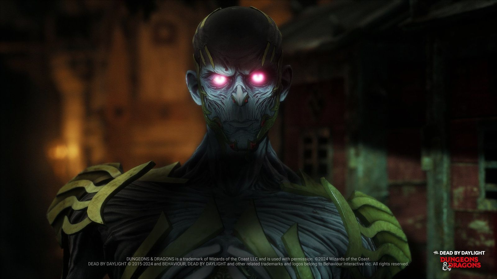 a monster with red eyes is standing in a dark room in a video game .