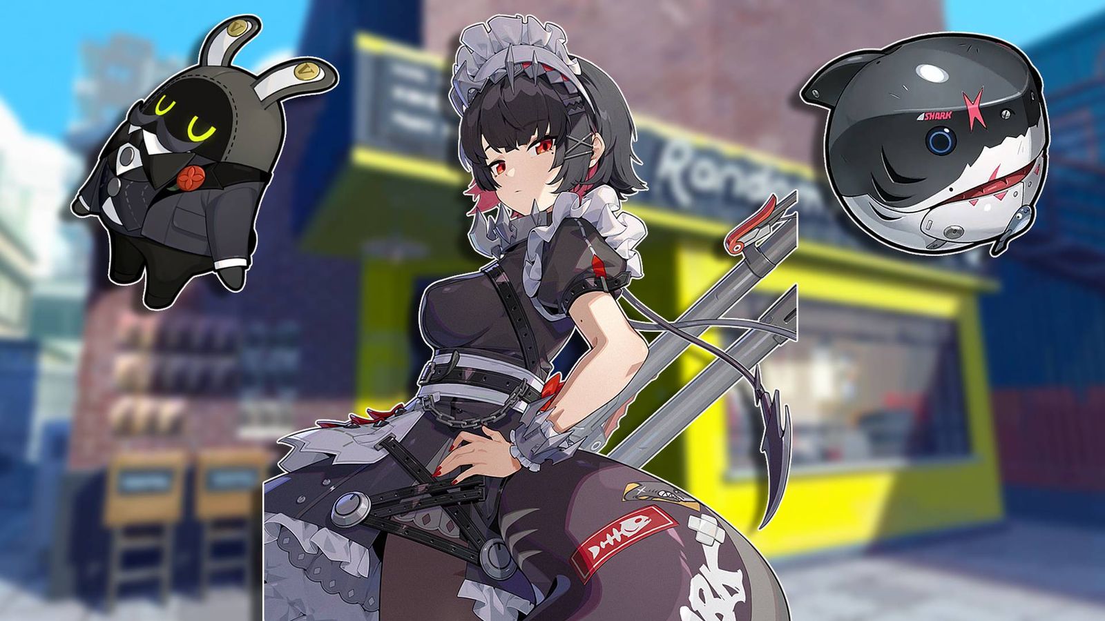 Ellen Joe with her hand on her hip along with the Butler Bangboo and the Deep Sea Visitor W-Engine from Zenless Zone Zero.