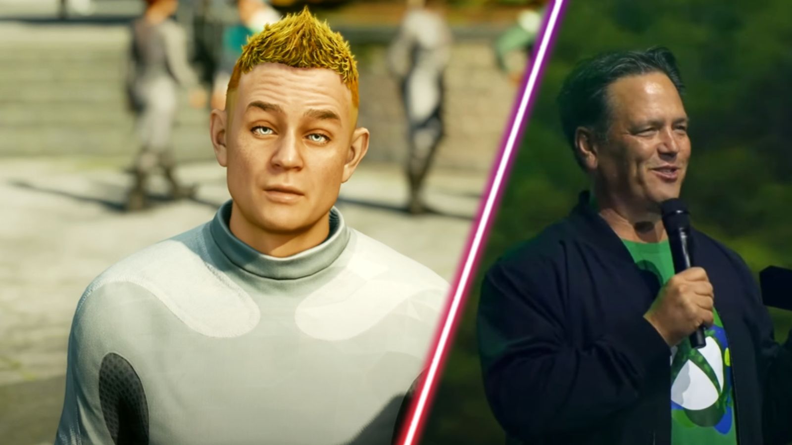 The Adoring Fan in Starfield alongside Xbox head Phil Spencer.