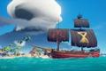 Sea of Thieves ship with island and dark cloud in background