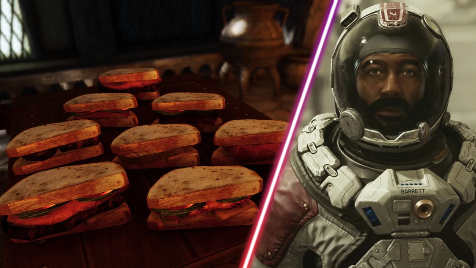 Some sandwiches in Skyrim and a character from Starfield.