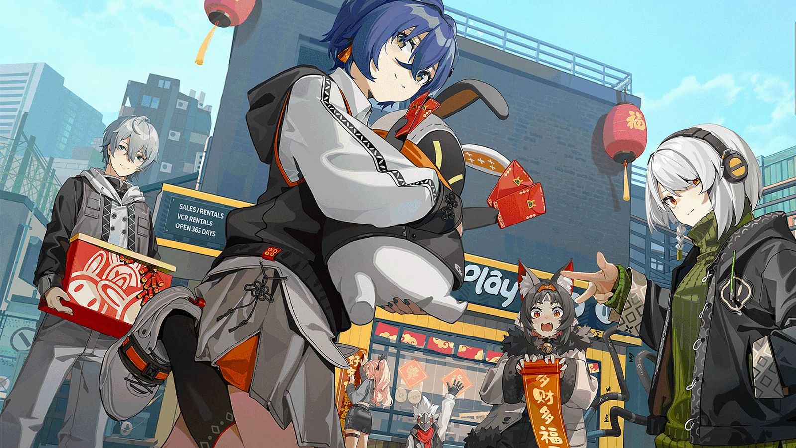 Wise, Belle, Nicole, Billy, Nekomata, and Anby hanging out outside of Random Play in Zenless Zone Zero.