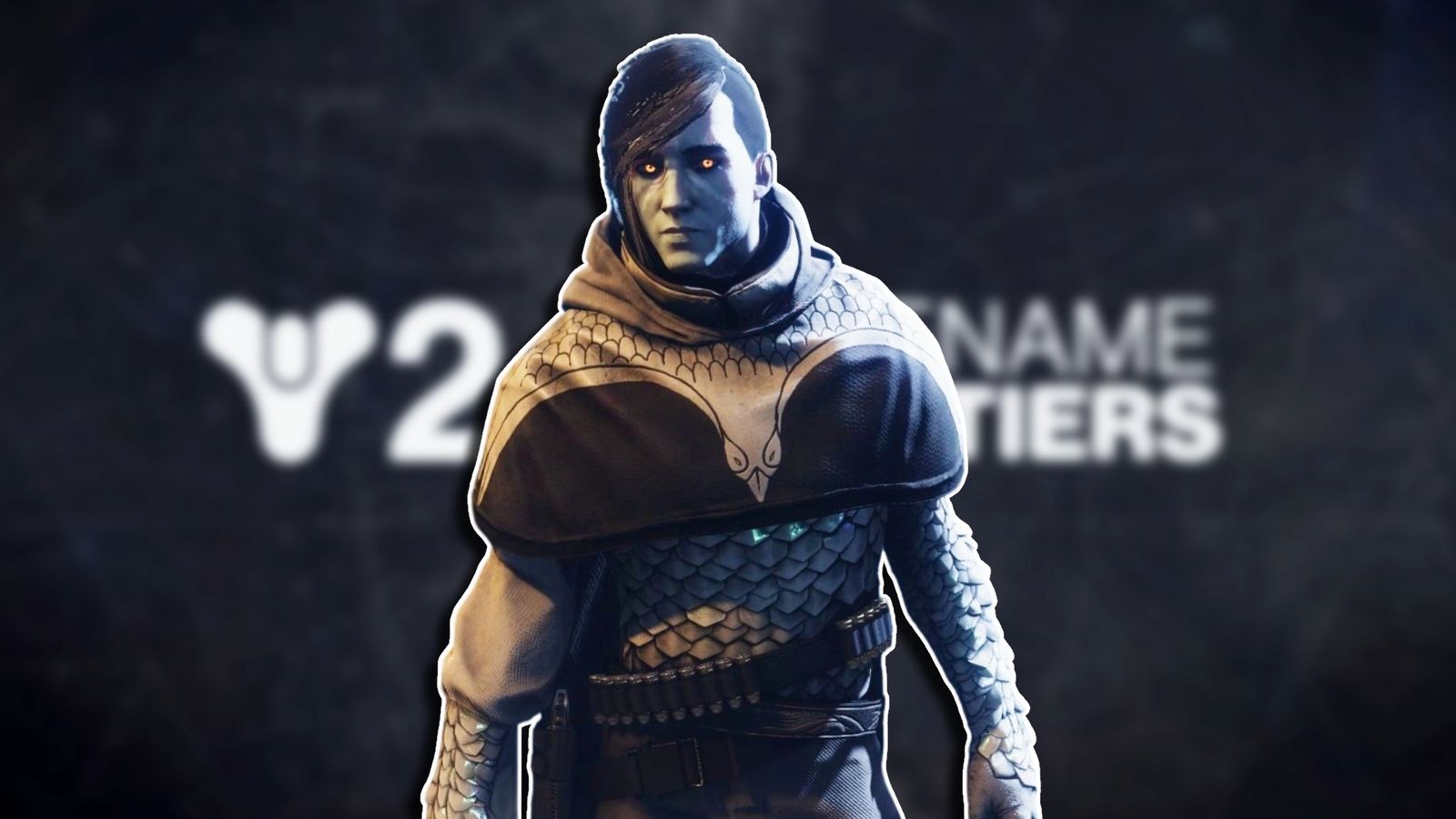 Crow standing with his arms by his side, placed against a blurred image of Destiny 2 Codename Frontiers.