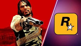 John Marston aiming a shotgun at the Rockstar Games logo