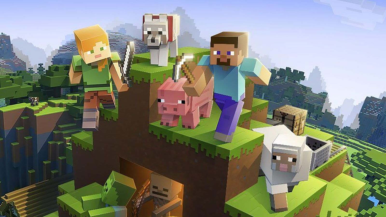 Minecraft players holding sword and pickaxe next to pig, sheep, and wolf