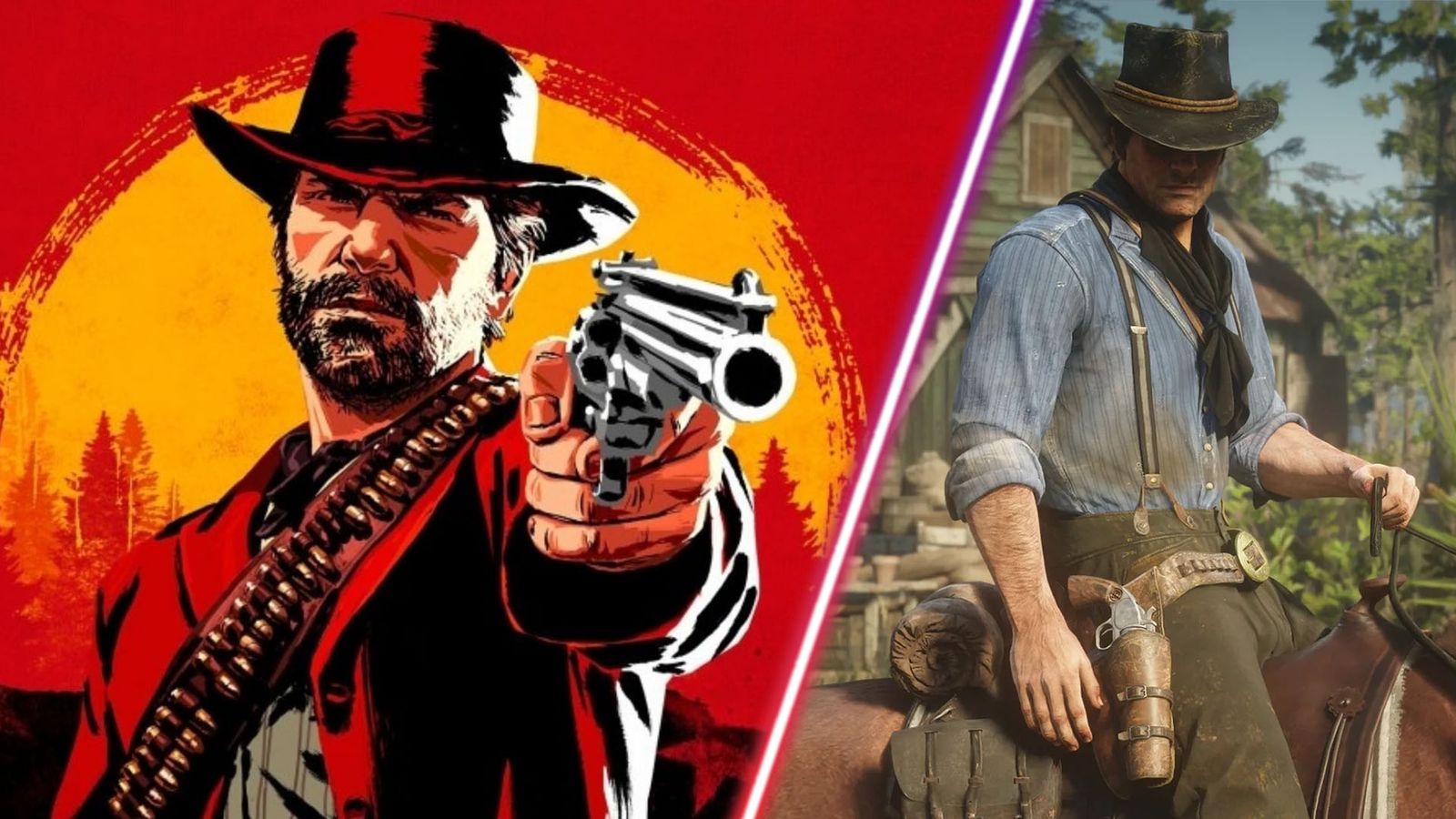 Red Dead Redemption 2 Arthur Morgan on red background and Arthur Morgan riding horse