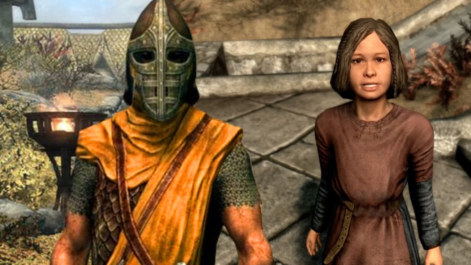 A Skyrim guard and a Skyrim orphan standing next to each other