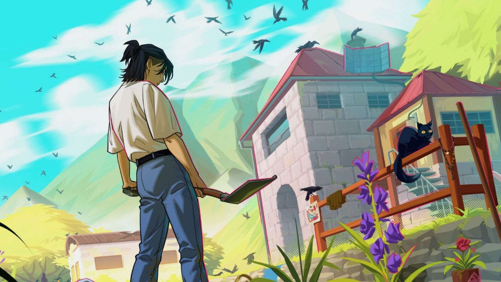 a man is standing in front of a house holding a shovel. He has a murderous gaze that fits the atmosphere of video game, Grave Seasons.