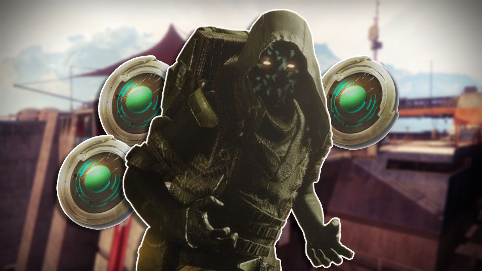 Xur from Destiny 2 standing with his arms out and hood up, with three Strange Coins around him, two on the left, and one on the right side.