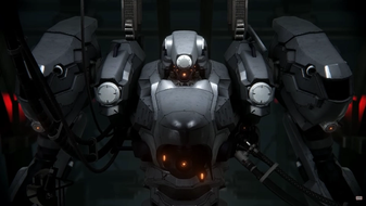 Armored Core 6 mechs in a line.